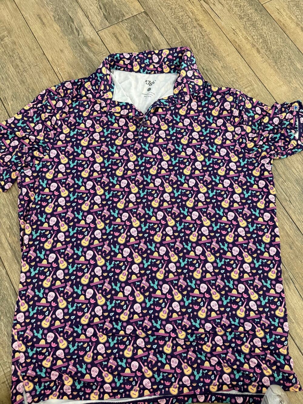 1764 Polo Shirt Size L Purple Stretch All Over Print Music Medium Skull Pullover